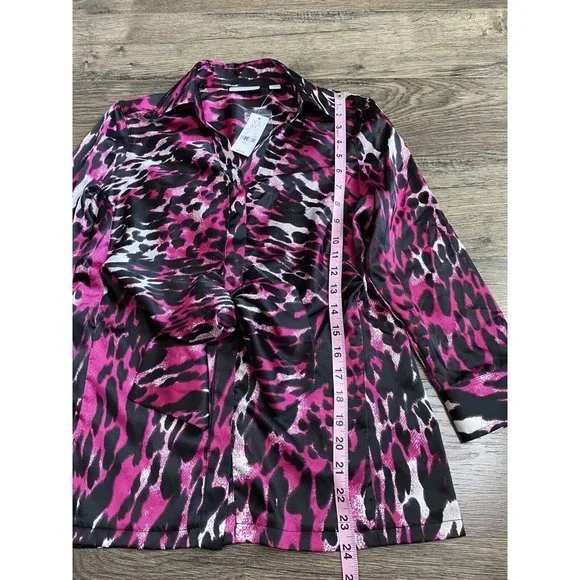 NWT Women New York & Company Stretch Button Up Tie Waist Satin Cheetah Pink Sz M - Picture 5 of 10